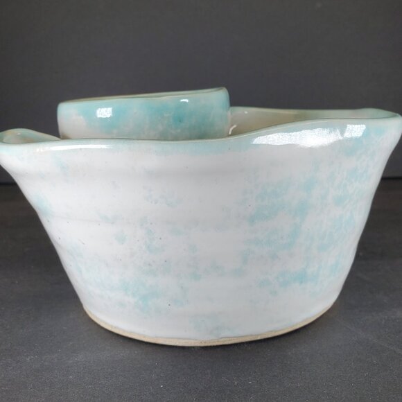 Handmade Studio Pottery Chip & Dip Bowl — Aqua Blue Glaze, Artisan Serveware - Picture 7 of 10